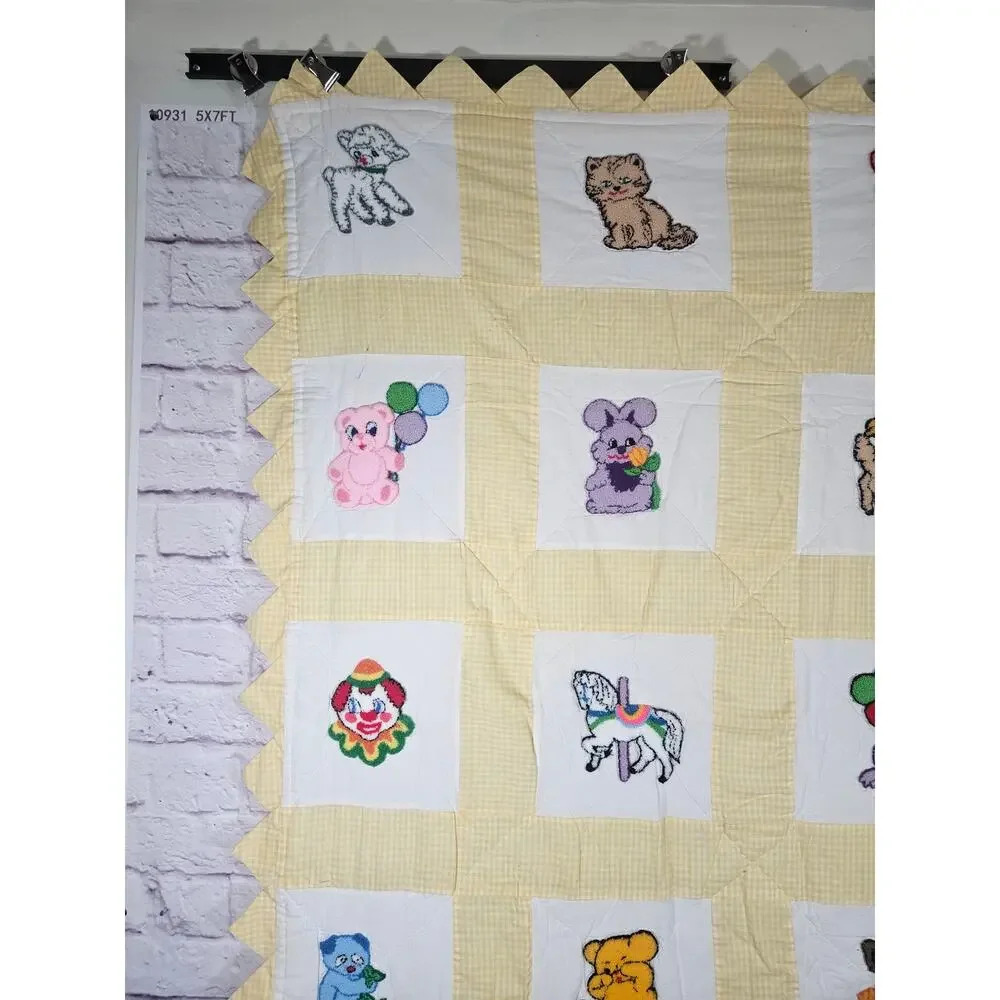 Vintage Handmade Baby Quilt‎ 20 Embroidered Animal Blocks Circus Yellow 52x41
